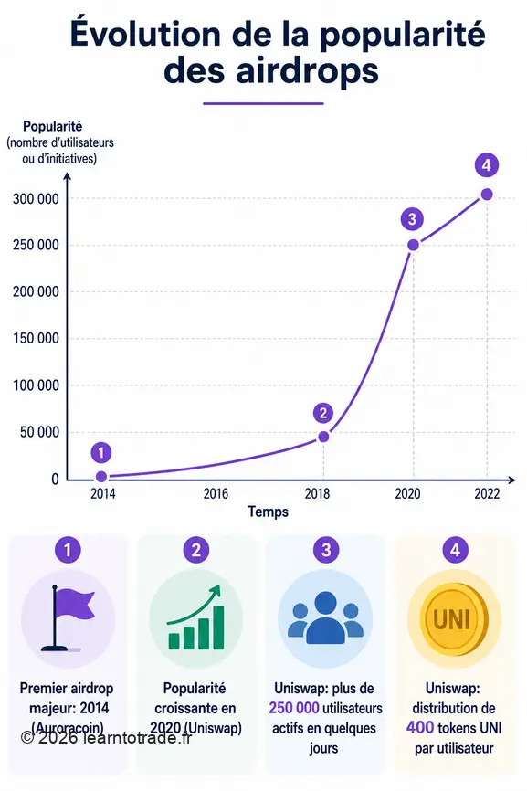 Infographie retraçant l'évolution des airdrops crypto, de leur origine en 2014 à leur pic de popularité en 2020 avec Uniswap.