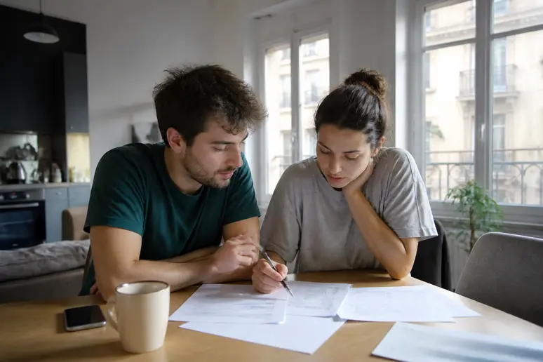 Un jeune couple discute de documents financiers dans leur appartement lyonnais, comparant des options d'investissement fiscal.