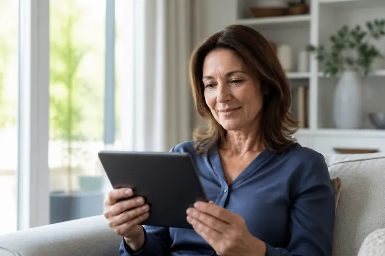 Une femme française consulte les avantages fiscaux d'un PEA sur sa tablette, dans une ambiance de sérénité.