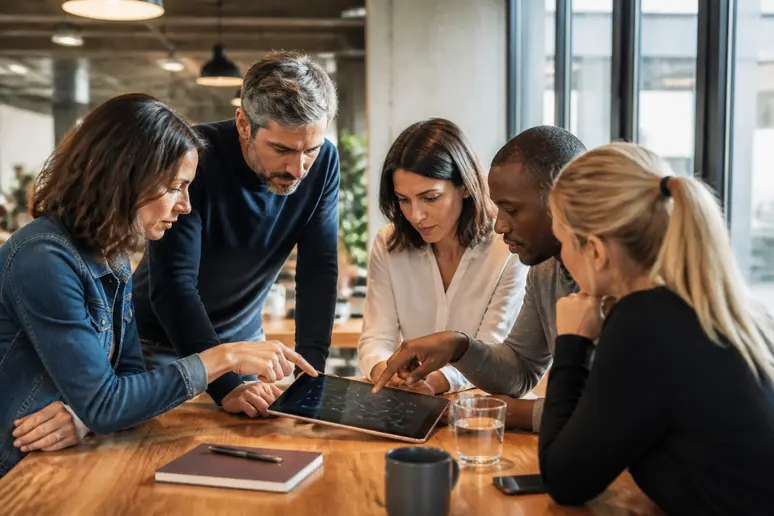 Des professionnels français échangent autour d'une tablette dans un espace de coworking, illustrant la collaboration décentralisée.