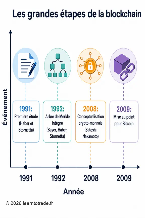 Infographie montrant l'évolution historique du concept de blockchain avec les dates clés et les contributeurs.