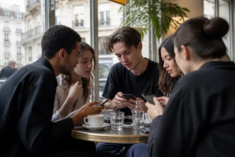 Jeunes adultes dans un café parisien discutent de cryptomonnaies sur leurs smartphones, signe de l'intérêt croissant pour ces actifs.