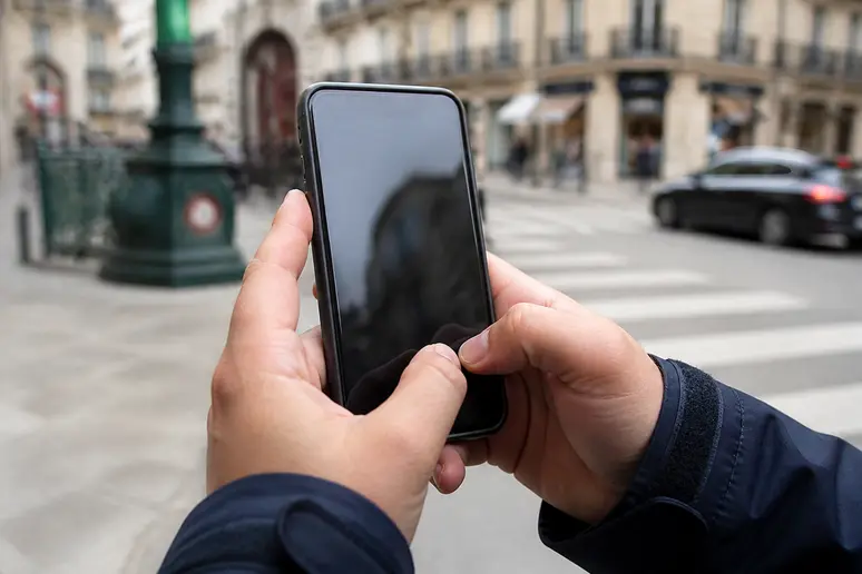 Main d'une personne tenant un smartphone affichant une application de trading de cryptomonnaies, dans un environnement urbain français typique.