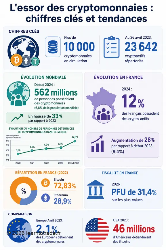 Infographie sur l'évolution et la répartition de la possession de cryptomonnaies dans le monde et en France.