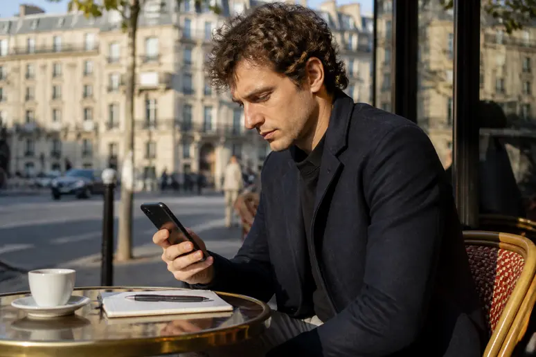 Jeune homme analysant une application de trading de cryptomonnaies sur son téléphone dans un café parisien.