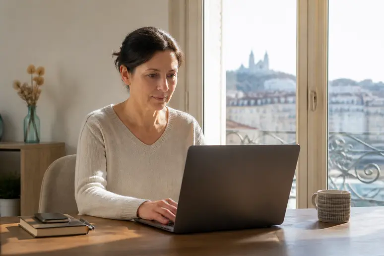 Femme à Lyon configurant une stratégie d'investissement programmée sur son ordinateur portable.