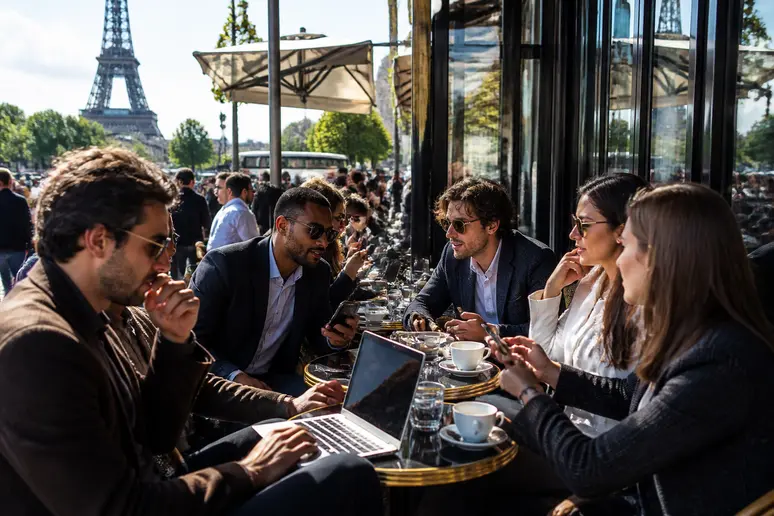Des jeunes professionnels discutent de finance décentralisée autour d'un café ensoleillé dans un quartier animé de Paris.