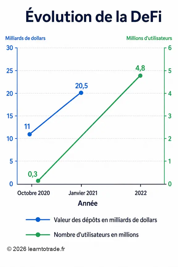 Infographie montrant la croissance significative de la valeur des dépôts et du nombre d'utilisateurs dans la finance décentralisée.
