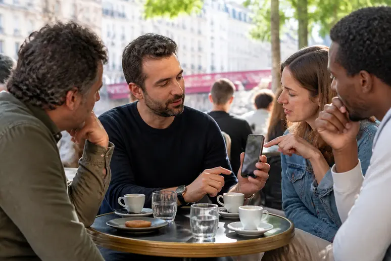 Des Lyonnais discutent d'investissements en ETF autour d'un café, consultant des graphiques boursiers sur smartphone.