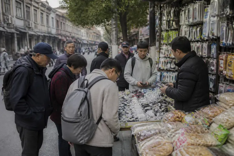 Un marché de rue animé à Shanghai où des passants examinent divers produits électroniques et des spécialités culinaires locales.