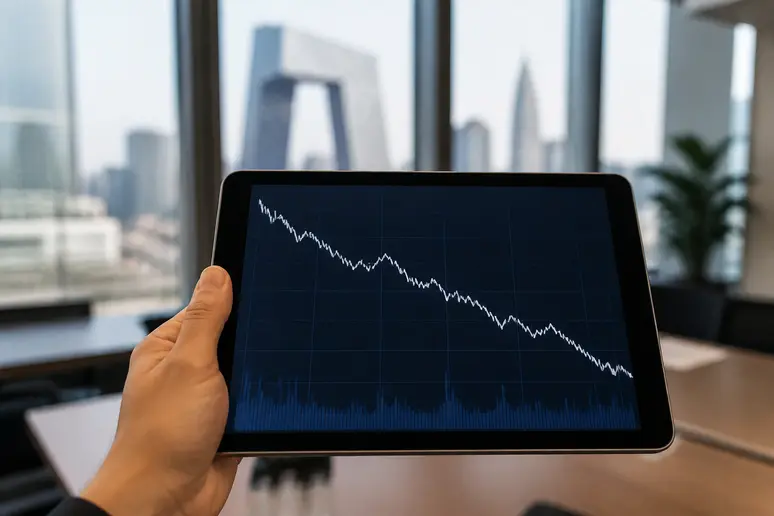 Une main tenant une tablette affichant un graphique financier décroissant dans un bureau moderne de Pékin.
