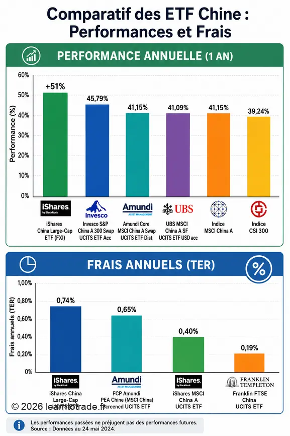 Graphique comparant la performance annuelle et les frais des principaux ETF sur le marché boursier chinois.