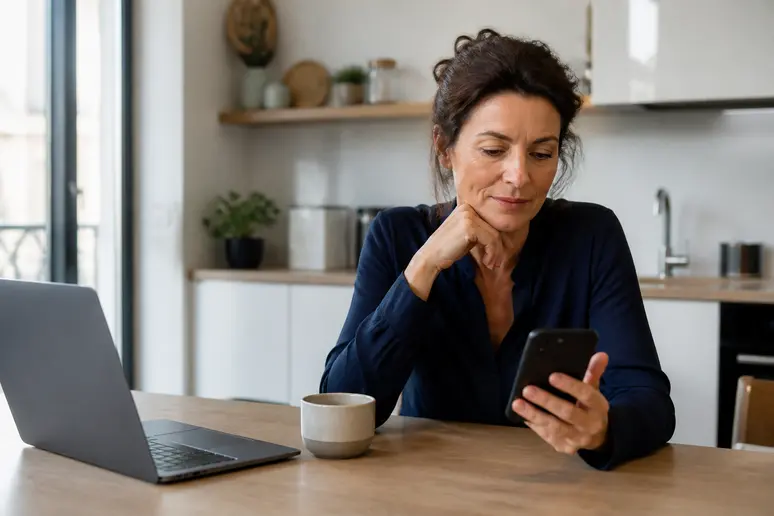 Une femme française réfléchit à ses investissements financiers, consultant une application boursière sur son smartphone depuis son appartement.