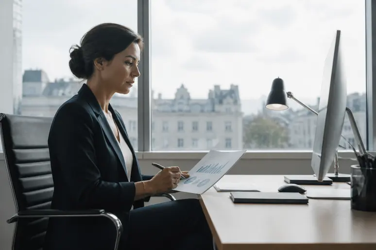 Une analyste financière parisienne examine attentivement des graphiques boursiers dans un bureau moderne, un stylo à la main.