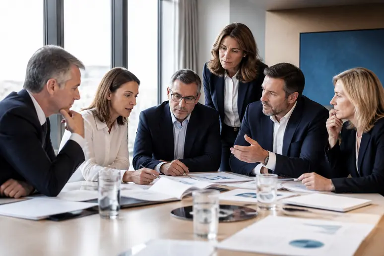Des investisseurs français discutent avec préoccupation de rapports financiers lors d'une réunion dans une salle de conférence.