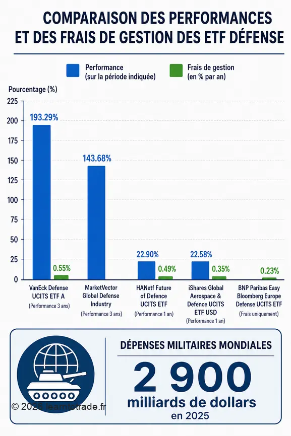 Comparaison des performances et des frais de plusieurs ETF dans le secteur de la défense avec les dépenses militaires mondiales.