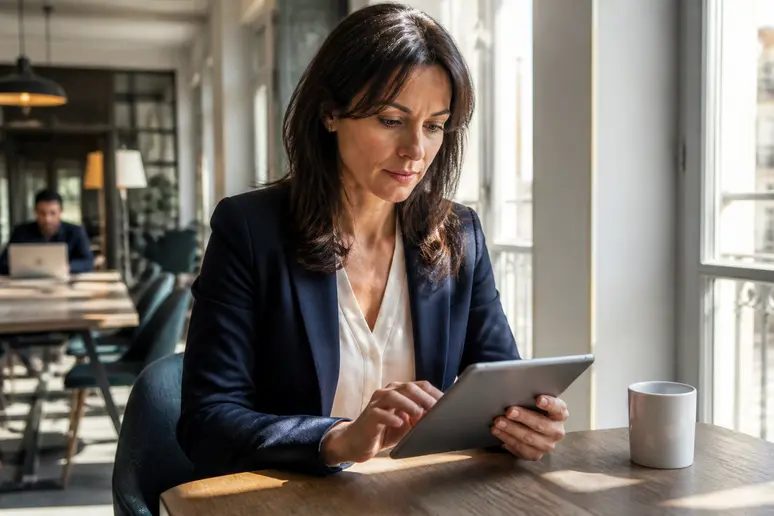 Une femme d'affaires parisienne examine des graphiques financiers sur sa tablette dans un espace de coworking lumineux en 2026.