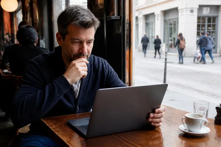 Un homme lyonnais analyse des options d'investissement sur son ordinateur portable depuis la terrasse d'un café traditionnel.