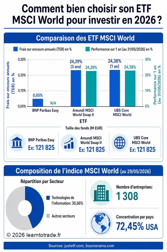 Infographie comparant les frais, performances et tailles d'ETF MSCI World, avec la composition de l'indice par secteur et pays.