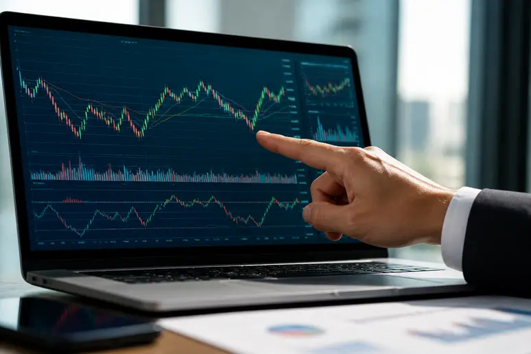 Analyse des frais d'un ETF Nasdaq 100 sur un écran d'ordinateur, avec une main qui pointe les données financières pertinentes.