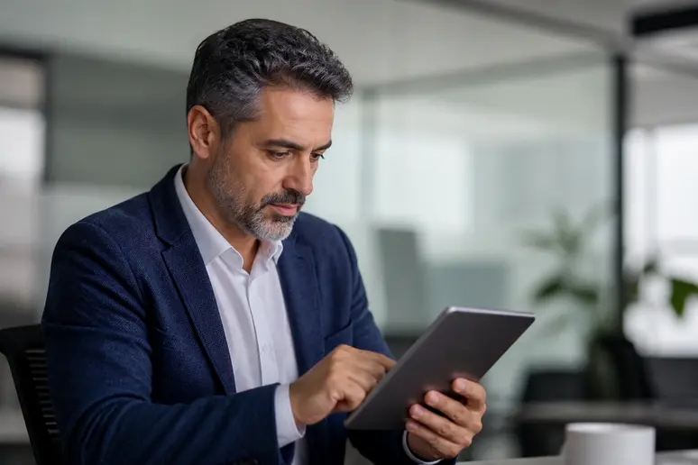 Un homme d'affaires examine les performances passées d'un ETF Nasdaq 100 sur sa tablette, dans un bureau moderne et lumineux.
