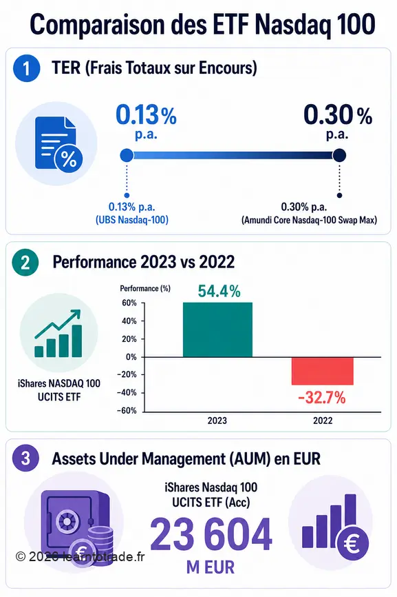 Infographie comparant les frais, performances et encours d'ETF sur l'indice Nasdaq 100.