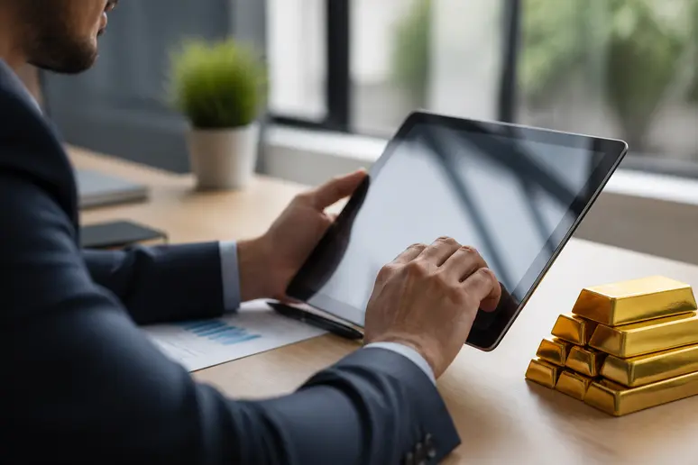 Analyste financier examinant avec concentration des graphiques boursiers sur une tablette, illustrant la complexité du fonctionnement des ETF or.