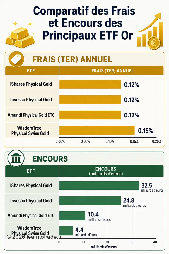 Comparaison des frais annuels et de l'encours des ETF Or physiques les plus populaires.