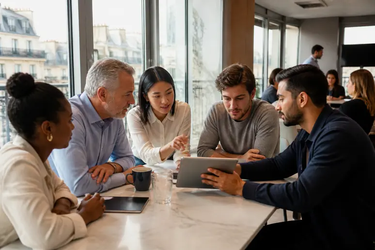 Groupe diversifié d'investisseurs discutant des différences entre PEA et ETF dans un espace de coworking lumineux à Paris.