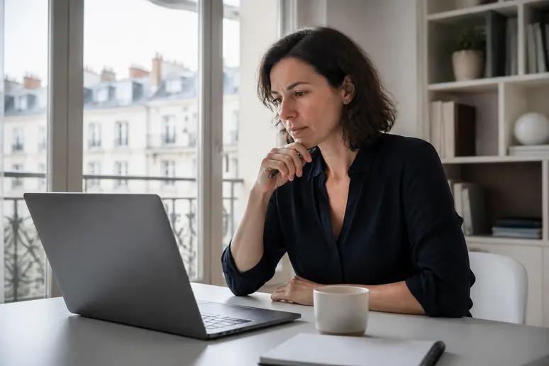 Femme réfléchissant à son choix d'investissement entre ETF et PEA, assise à son bureau à domicile à Lyon.