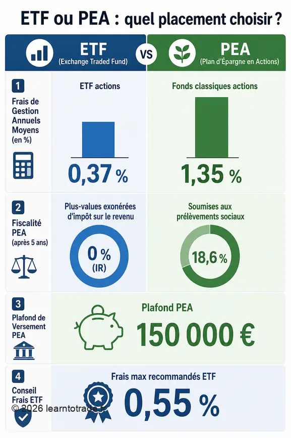 Infographie comparant les frais de gestion, la fiscalité et le plafond de versement des ETF et du PEA pour les investisseurs.