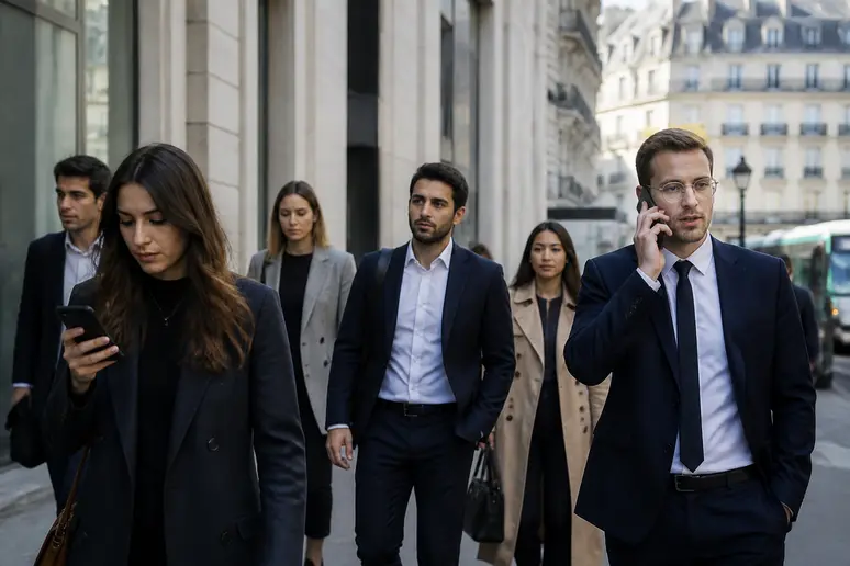 Des investisseurs regardant leurs téléphones dans une rue animée d'une ville européenne, illustrant la recherche d'informations financières.