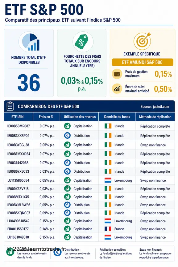 Comparatif visuel des ETF S&P 500, mettant en avant leurs frais, méthodes de réplication et d'autres caractéristiques clés.