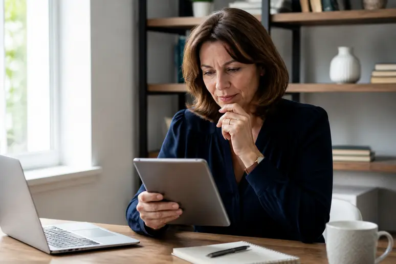 Une femme d'une quarantaine d'années, dans son bureau à domicile, analyse des graphiques financiers sur une tablette.