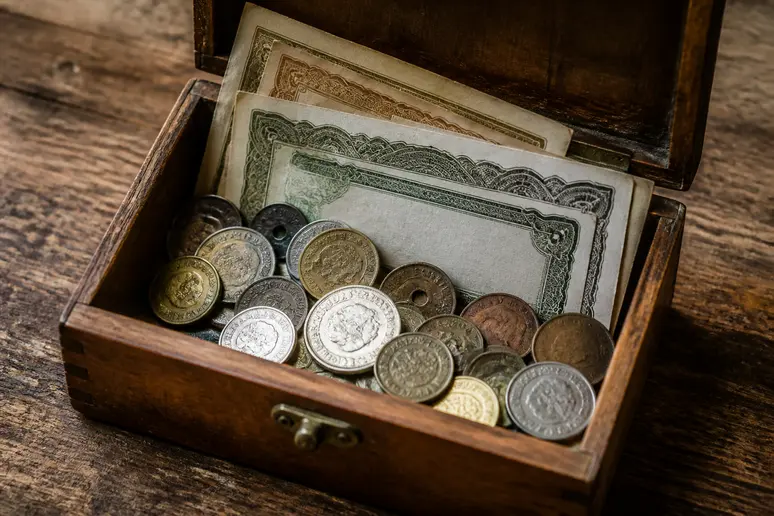 Une boîte en bois contenant de vieilles pièces de monnaie et des certificats d'actions, posée sur une surface en bois.