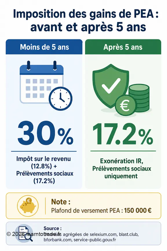 Infographie comparant l'imposition des gains de PEA avant et après 5 ans, montrant une baisse significative de la fiscalité.