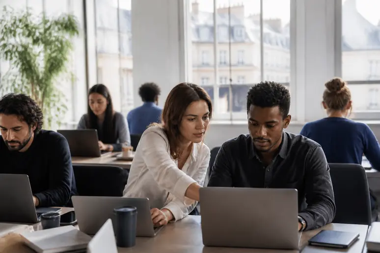 Des professionnels utilisant des ordinateurs portables dans un espace de coworking moderne et lumineux à Paris, France.