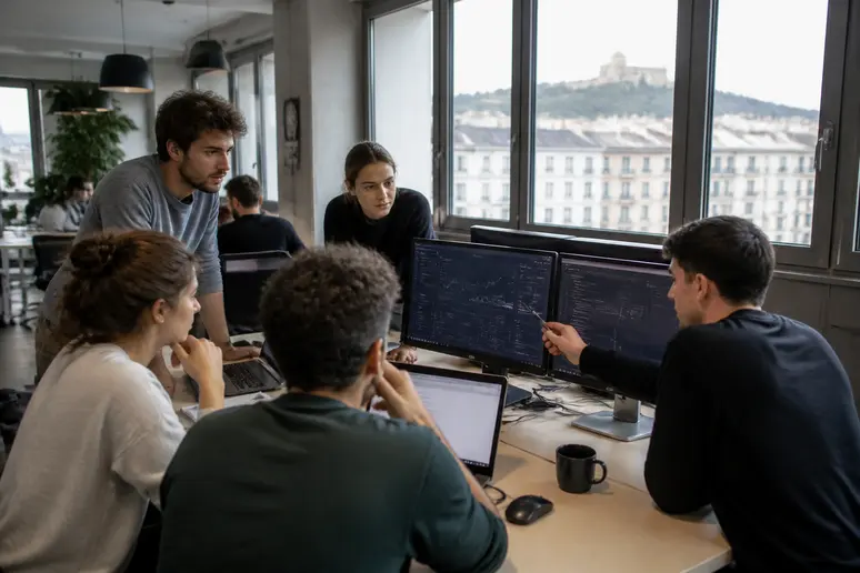 Jeunes entrepreneurs discutant d'un projet sur plusieurs écrans dans un bureau de startup lumineux à Lyon, France.
