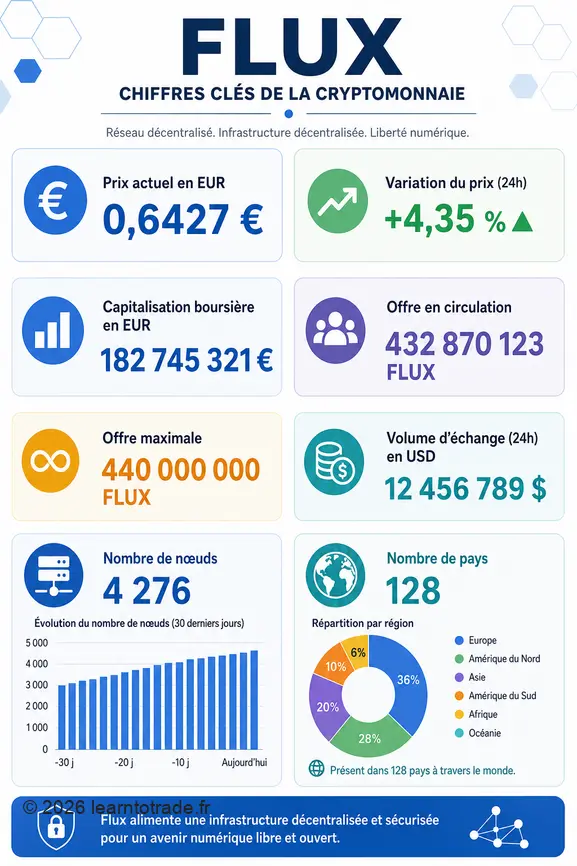 Infographie présentant le prix, la capitalisation, l'offre et les données d'infrastructure de la cryptomonnaie Flux.