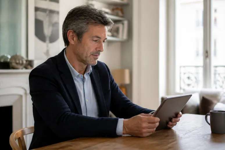 Un Parisien concentré examine des données financières sur sa tablette dans un appartement lumineux.