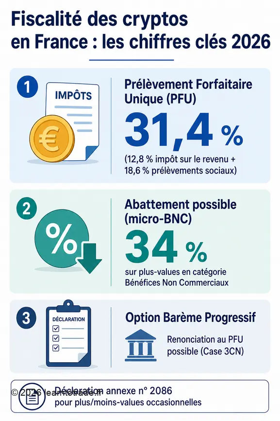 Infographie résumant la fiscalité des cryptomonnaies en France en 2026 avec le PFU, les abattements et les options de déclaration.