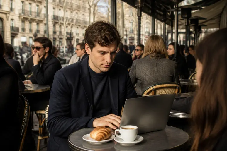 Un jeune homme concentré sur son ordinateur portable dans un café parisien animé, typique des influenceurs crypto français.