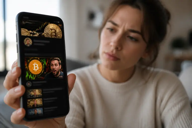Une jeune femme regardant attentivement une chaîne YouTube d'influenceur crypto sur son smartphone, illustrant l'engagement des utilisateurs.