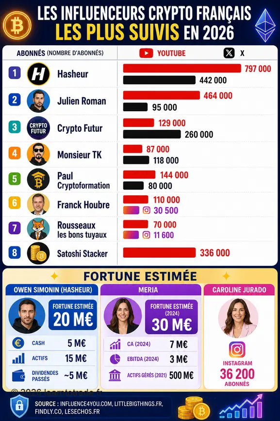 Comparaison des abonnés YouTube et X des influenceurs crypto français, incluant les fortunes estimées de figures clés.