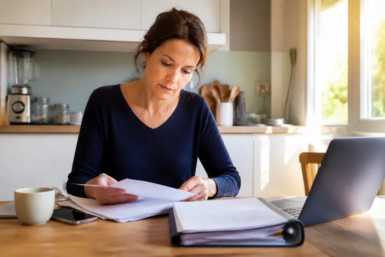 Une femme d'âge moyen examine des documents financiers à sa table de cuisine, concentrée sur les détails.