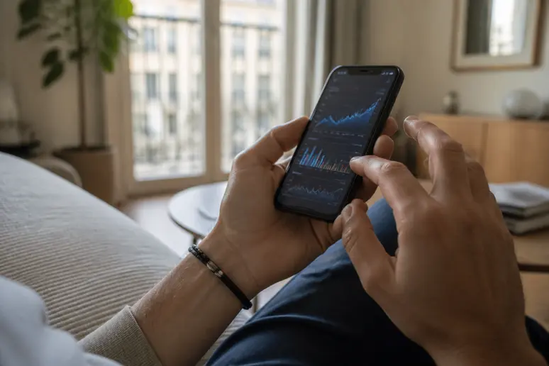 Mains tenant un smartphone affichant une application financière, illustrant la gestion des gains boursiers.