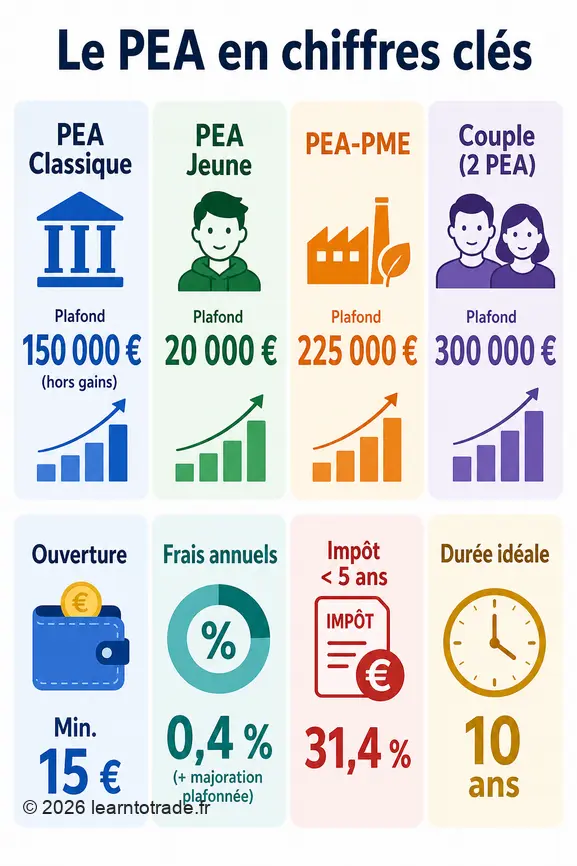 Infographie présentant les plafonds de versement, frais et fiscalité du Plan d'Épargne en Actions (PEA).
