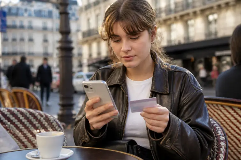 Jeune femme en terrasse de café effectuant une démarche administrative en ligne sur son smartphone pour ouvrir un compte d'épargne.
