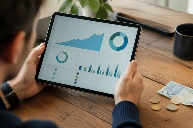 Mains d'un jeune homme tenant une tablette affichant des informations sur les plafonds et frais d'un compte d'investissement.