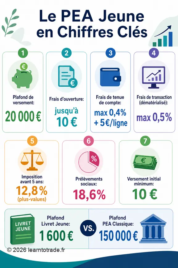 Infographie comparant le PEA jeune avec le livret jeune et le PEA classique, détaillant ses plafonds et frais.